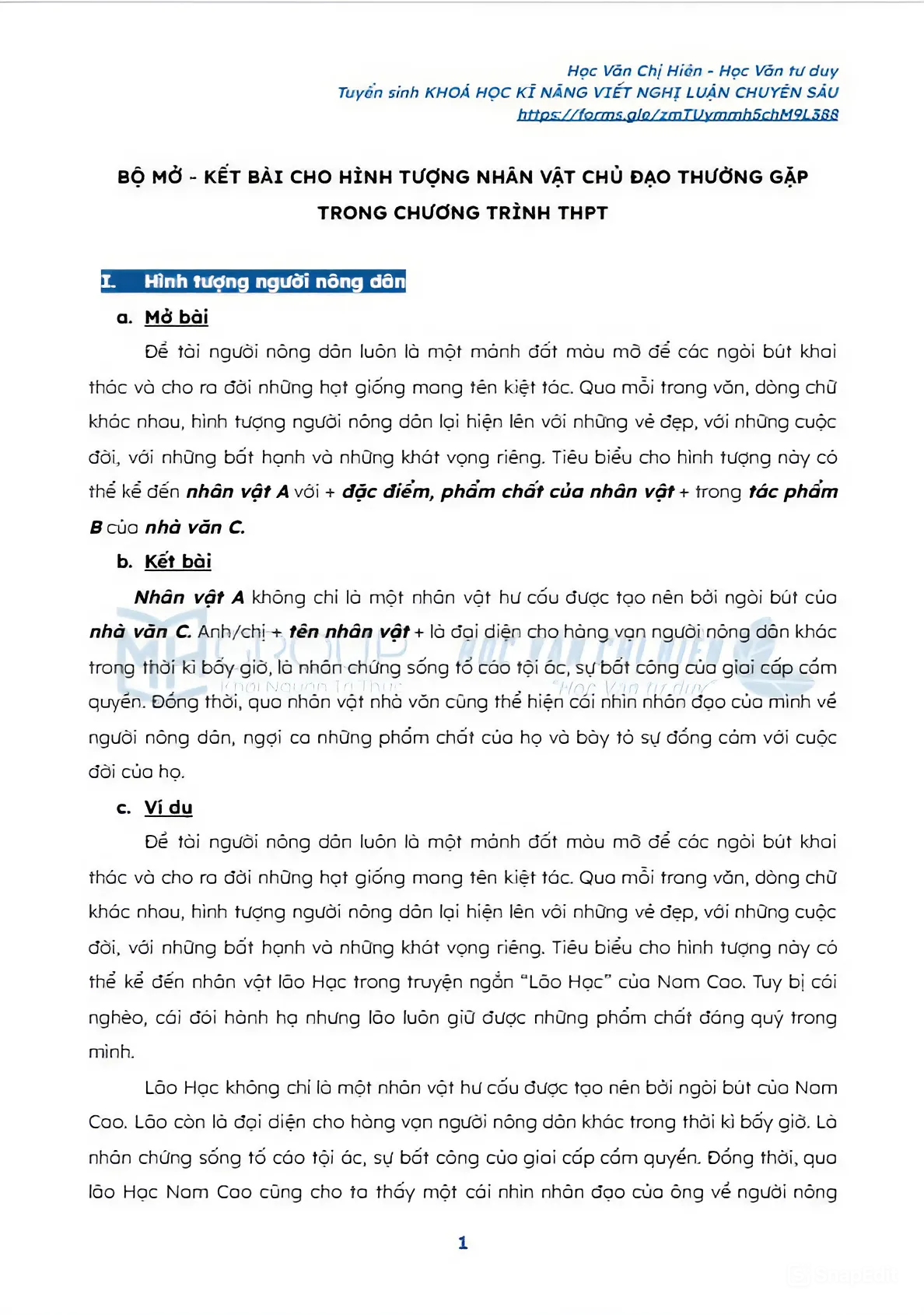 BỘ MỞ - KẾT BÀI CHO HÌNH TƯỢNG NHÂN VẬT CHỦ ĐẠO THƯỜNG GẶP TRONG CHƯƠNG TRÌNH THPT ẤN TƯỢNG NHẤT