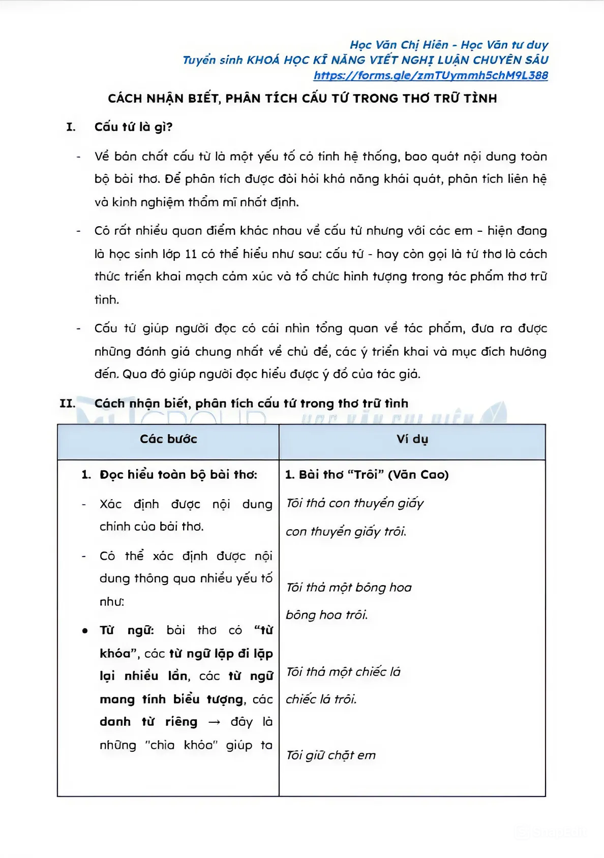 CÁCH NHẬN BIẾT, PHÂN TÍCH CẤU TỨ TRONG THƠ TRỮ TÌNH