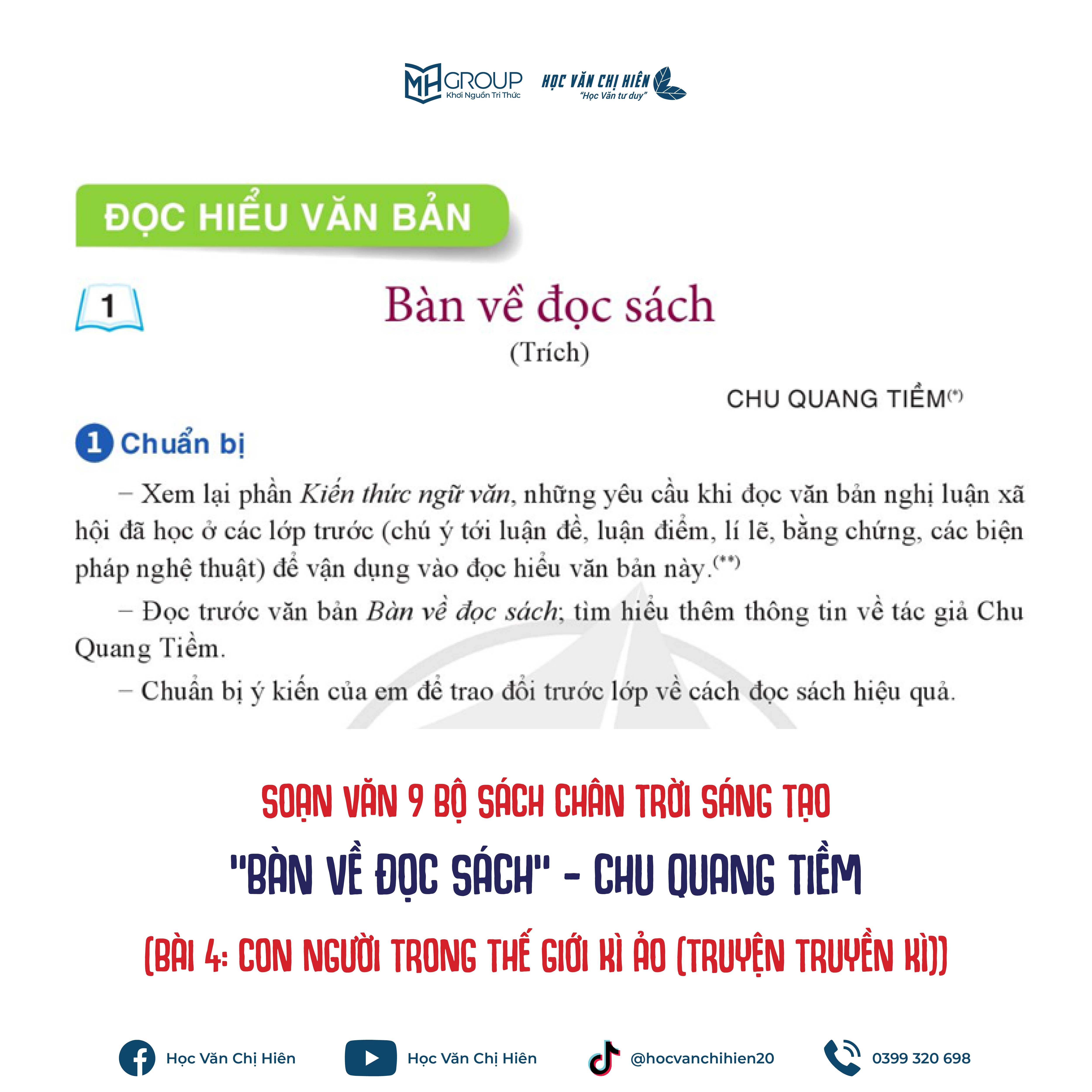 SOẠN VĂN 9 BỘ SÁCH CHÂN TRỜI SÁNG TẠO | "BÀN VỀ ĐỌC SÁCH" - CHU QUANG TIỀM (BÀI 4: CON NGƯỜI TRONG THẾ GIỚI KÌ ẢO (TRUYỆN TRUYỀN KÌ))