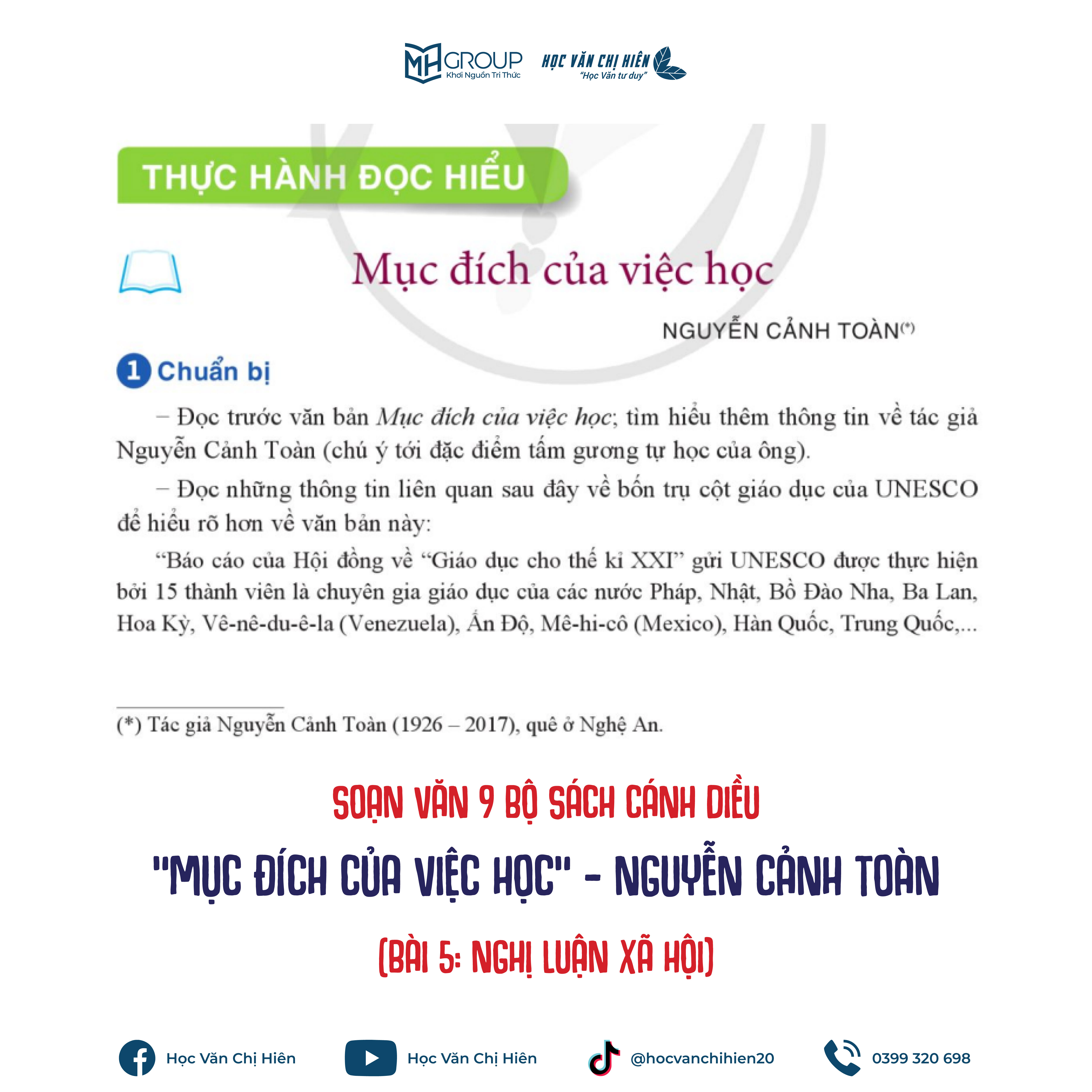 SOẠN VĂN 9 BỘ SÁCH CÁNH DIỀU | "MỤC ĐÍCH CỦA VIỆC HỌC" - NGUYỄN CẢNH TOÀN (BÀI 5: NGHỊ LUẬN XÃ HỘI)