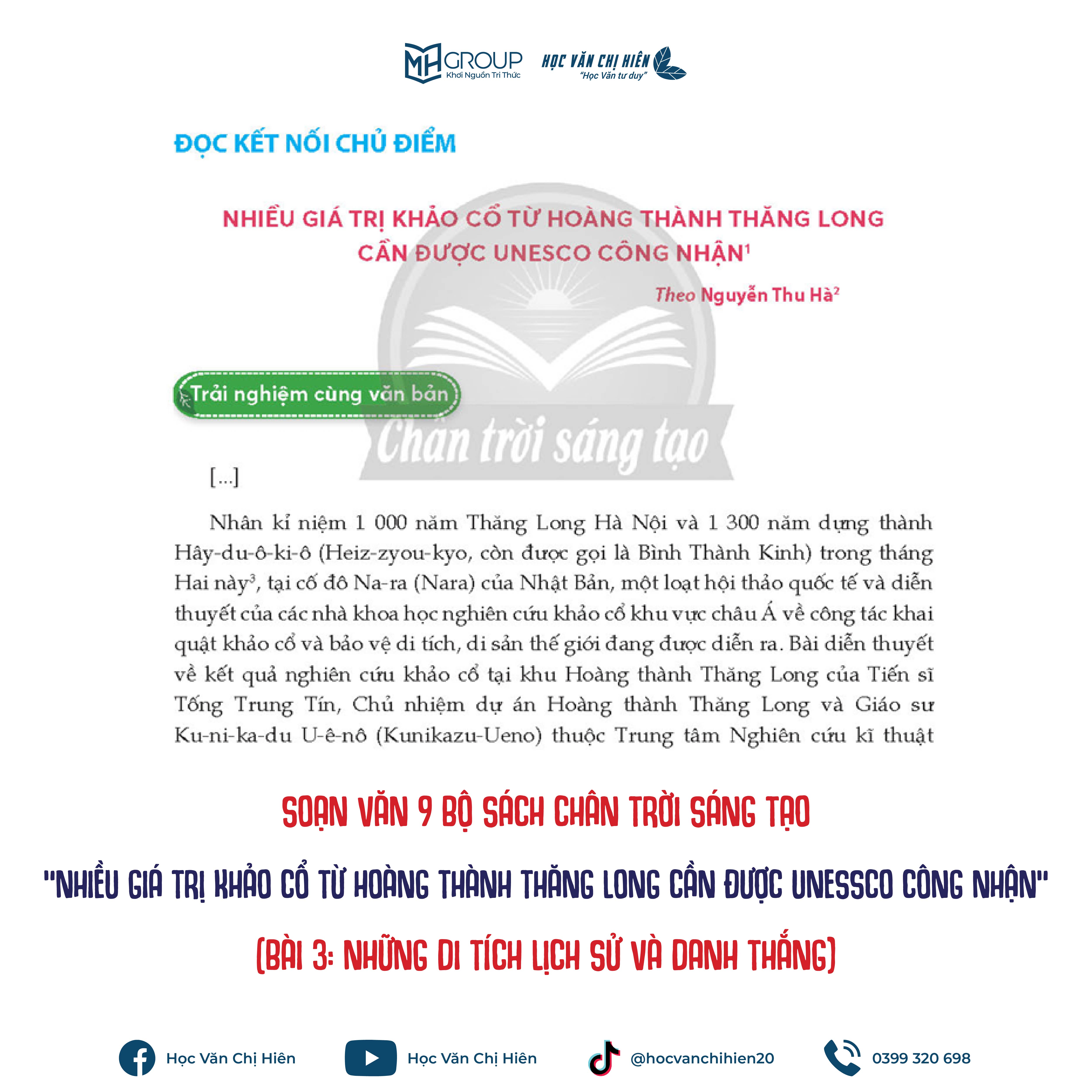 SOẠN VĂN 9 BỘ SÁCH CHÂN TRỜI SÁNG TẠO | "NHIỀU GIÁ TRỊ KHẢO CỔ TỪ HOÀNG THÀNH THĂNG LONG CẦN ĐƯỢC UNESSCO CÔNG NHẬN" (BÀI 3: NHỮNG DI TÍCH LỊCH SỬ VÀ DANH THẮNG)