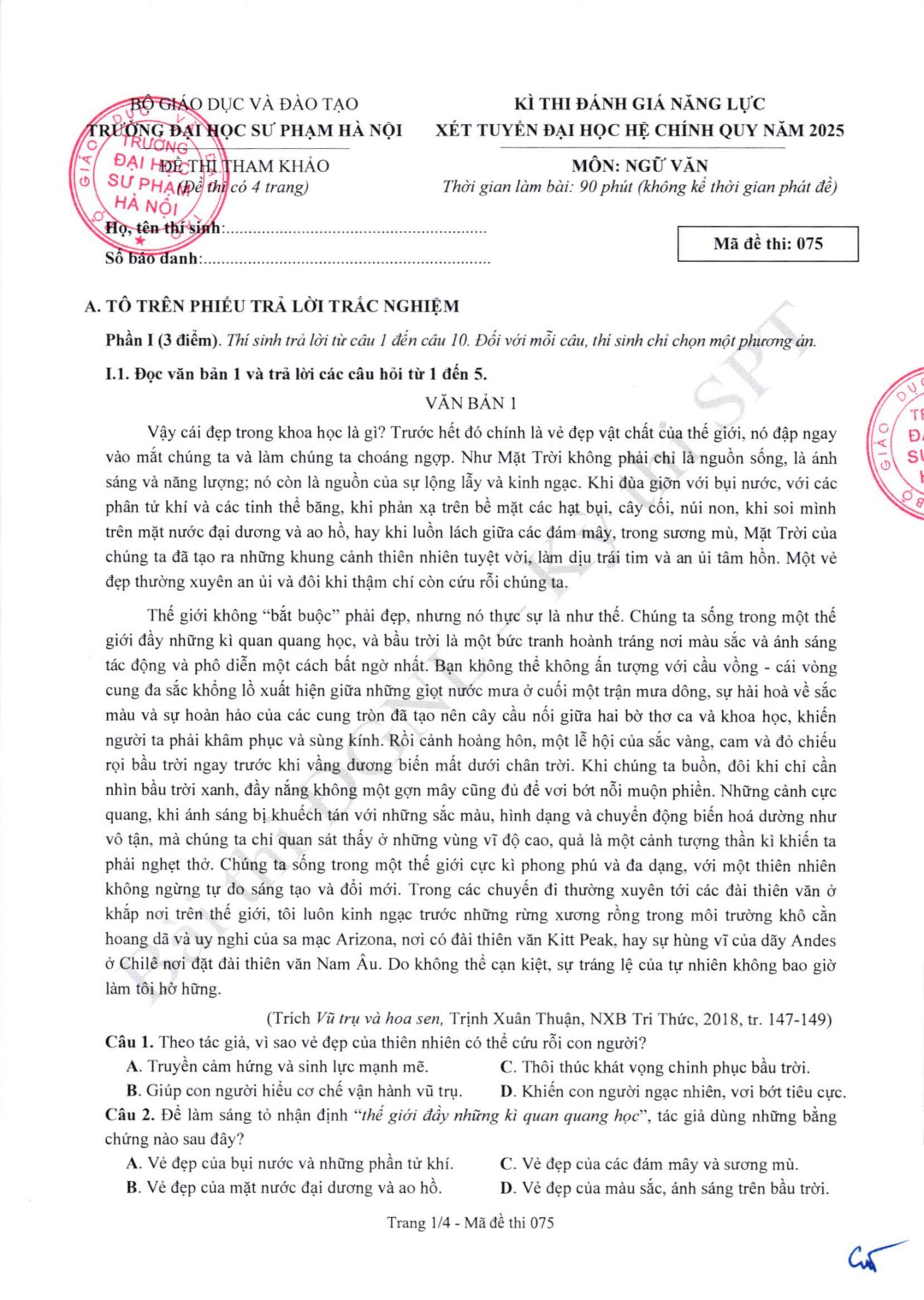 ĐỀ THAM KHẢO + ĐÁP ÁN MÔN NGỮ VĂN KÌ THI ĐGNL XÉT TUYỂN ĐẠI HỌC HỆ CHÍNH QUY CỦA TRƯỜNG ĐH SƯ PHẠM HÀ NỘI